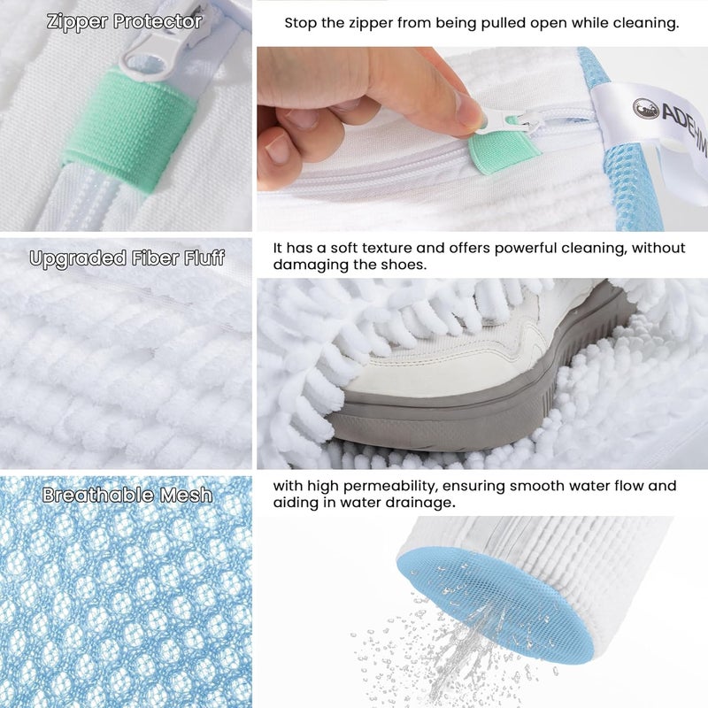 ADEHMDA 2Pcs Shoe Washing Machine Bag, Sneaker Laundry Bag for Washing Machine, Extra Long and Thick Microfibre Fluff, Reusable for Washer and Dryer (2pcs, White-blue) - Image 2